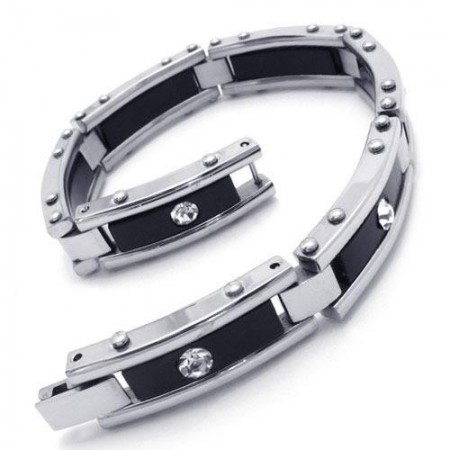 Men Black Silver Pure Titanium Bracelet Rubber Bangle 08101