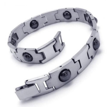 Mens Boy Silver Black Pure Titanium Magnetic Bracelet 15302