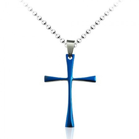 Mens Blue Simple Titanium Cross Pendant - Free Chain