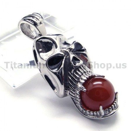 Pure Titanium Skull Design Pendant with Ruby Ball - Free Chain 16925