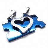 Sweetheart Jigsaw Puzzle Titanium Lovers Pendants(Blue)-Free Chains 16592