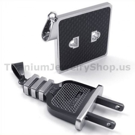 Socket and Plug Black Titanium Lovers Pendants-Free Chains 19103