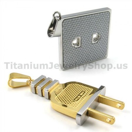 Socket and Plug Gloden Titanium Lovers Pendants-Free Chains 19104