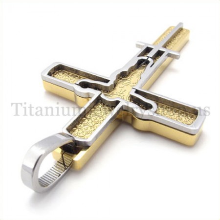 gold carved jesus pattern titanium cross pendant 19674