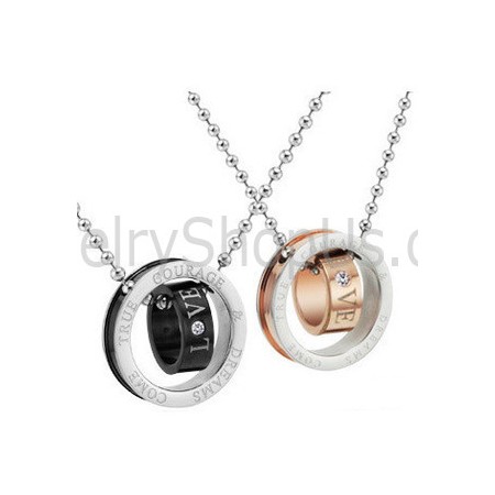 Titanium Rose Gold and Black rings Lovers Pendants with Rhinestones and Free Chains C505