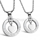 Titanium Silver Sweetheart "Forever Love" Lovers Pendants with Rhinestones and Free Chains C415