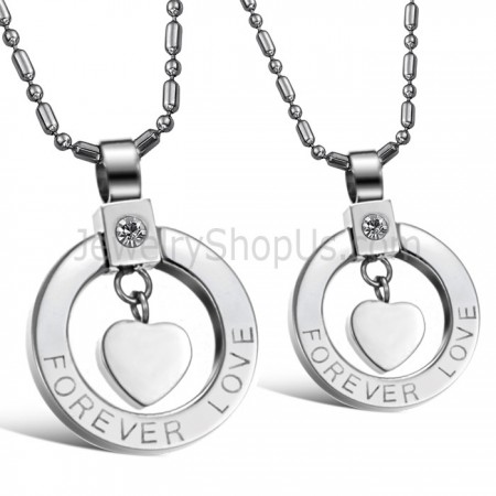 Titanium Silver Sweetheart "Forever Love" Lovers Pendants with Rhinestones and Free Chains C415