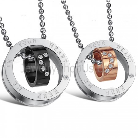 Titanium Rose Gold and Black Rings "Keep Me In Your Heart" Lovers Pendants with Rhinestone and Free Chains C673