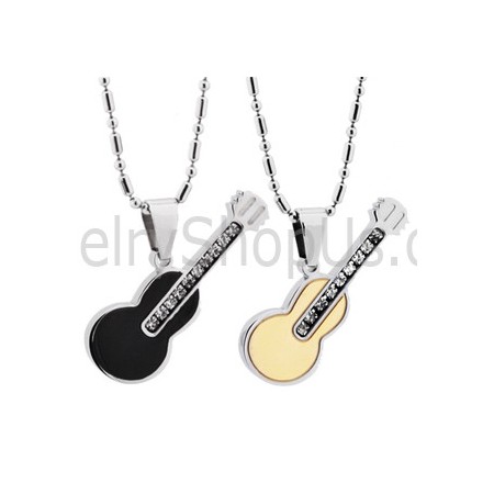 Titanium Rose Gold and Black Guitar Lovers Pendants with Rhinestones and Free Chains 188