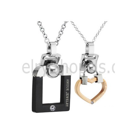 Titanium Black and Rose Gold Lovers Pendants with Rhinestones and Free Chains C507