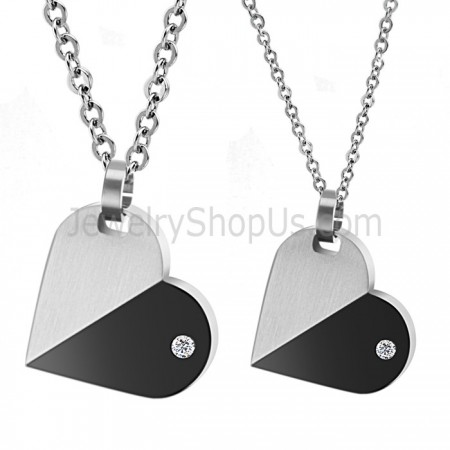 Titanium Silver and Black Lovers Rotatable Pendants with Dimaonds and Free Chains C434