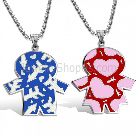Titanium Blue and Red Kids Lovers Pendants with Free Chains C710