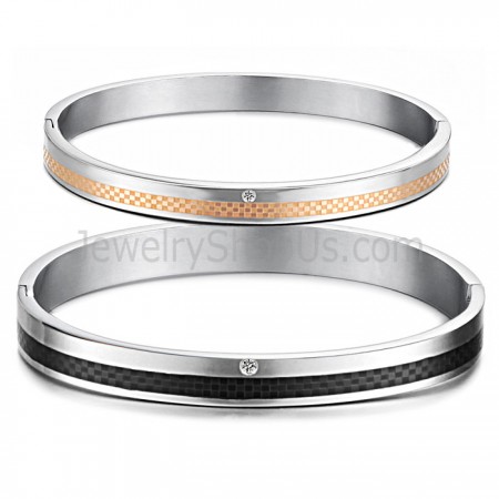Tatanium Rose Gold and Black Grid Couple Bangles with Rhinestones C746
