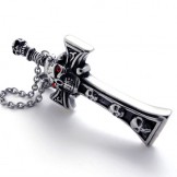 Skull With Red Diamond Dagger Titanium Cross Pendant 20542