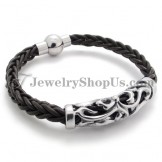 Elegant Black Leather Titanium Bracelet