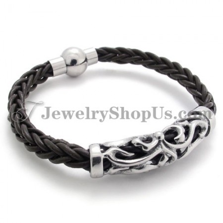 Elegant Black Leather Titanium Bracelet