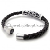 Elegant Black Leather Titanium Bracelet