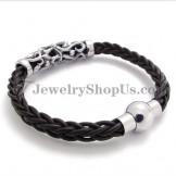 Elegant Black Leather Titanium Bracelet