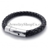 Fashion Black Leather and Titanium Bracelet