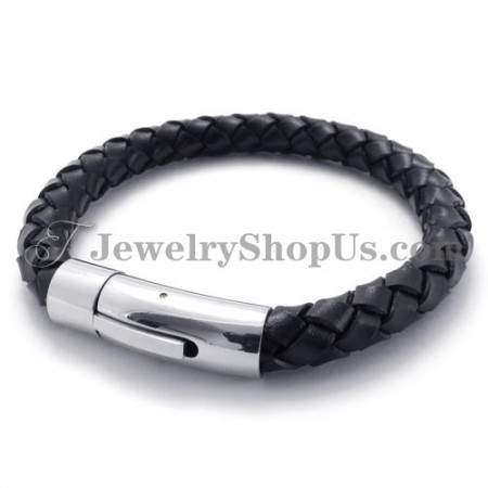 Fashion Black Leather and Titanium Bracelet