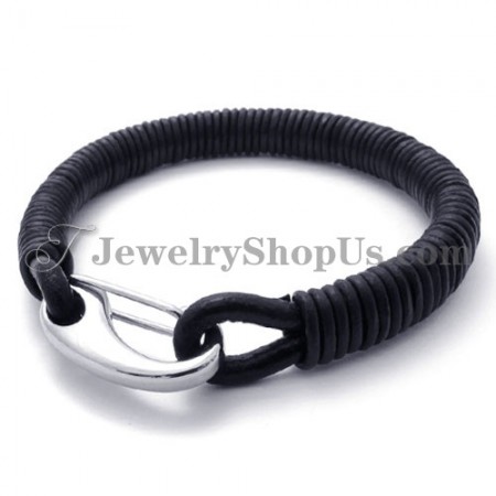 Fashion Black Leather Titanium Bracelet