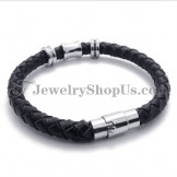 Elegant Black Leather Titanium Bracelet