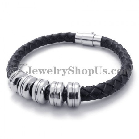 Fashion Black Leather and Titanium Bracelet