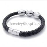Fashion Black Leather Titanium Bracelet