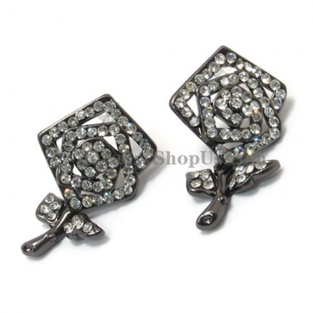 Beautiful Black Rose Alloy Earrings with Rhinestones