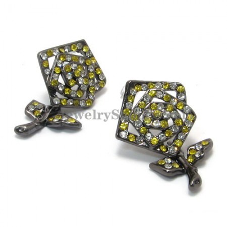 Beautiful Rose Alloy Earrings with Yellow Rhinestones