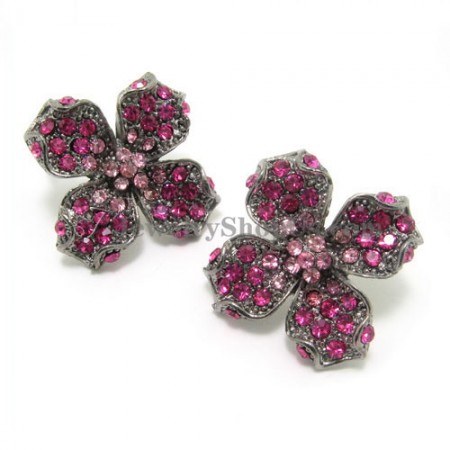 Elegant Alloy Flower Earrings with Red Rhinestones
