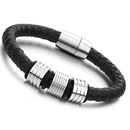High Quality Black Titanium Leather Bangle 