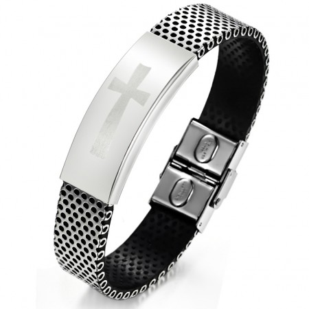 Quality and Quantity Assured Male Cross Titanium Leather Bangle 
