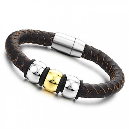 to Enjoy High Reputation at Home and Abroad Brown Titanium Leather Bangle 