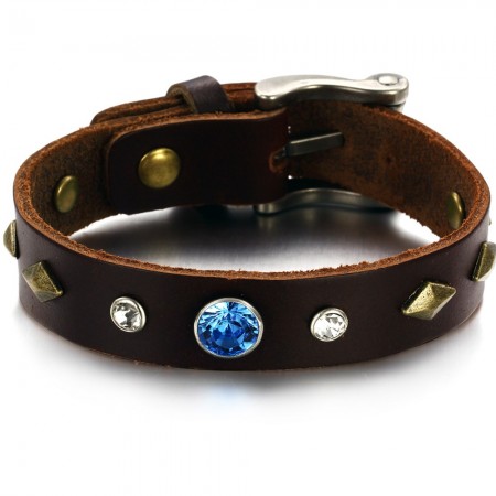 Durable in Use Retro Titanium Leather Bangle With Rhinestone