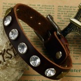 High Quality Retro Titanium Leather Bangle With Rhinestone
