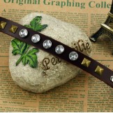 High Quality Retro Titanium Leather Bangle With Rhinestone