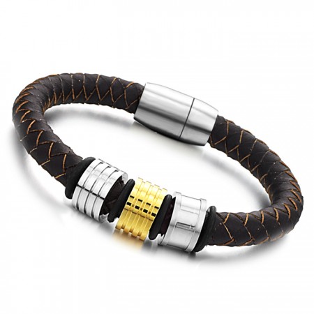 Quality and Quantity Assured Male Brown Titanium Leather Bangle 