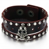 Quality and Quantity Assured Male Skull Titanium Leather Bangle 