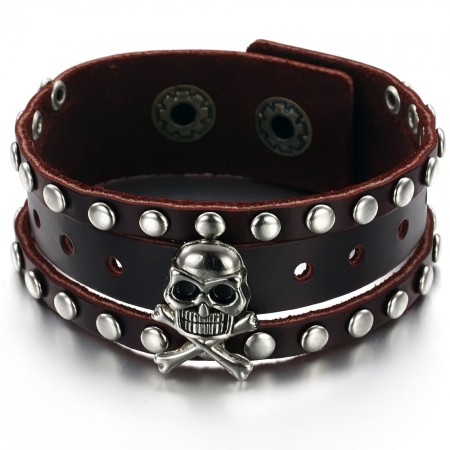 Quality and Quantity Assured Male Skull Titanium Leather Bangle 