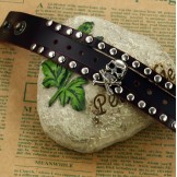 Quality and Quantity Assured Male Skull Titanium Leather Bangle 