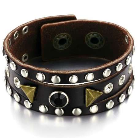High Quality Retro Titanium Leather Bangle With Rhinestone