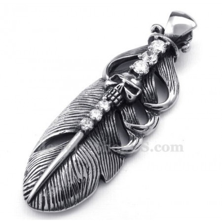  Titanium Feather Pendant Necklace Adorned With Skull (Free Chain)