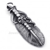  Titanium Feather Pendant Necklace Adorned With Skull (Free Chain)