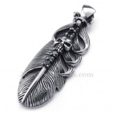  Titanium Feather Pendant Necklace Adorned With Skull (Free Chain)