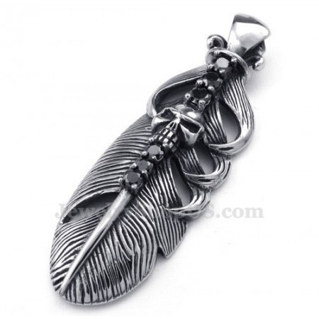  Titanium Feather Pendant Necklace Adorned With Skull (Free Chain)