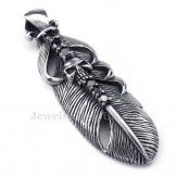  Titanium Feather Pendant Necklace Adorned With Skull (Free Chain)