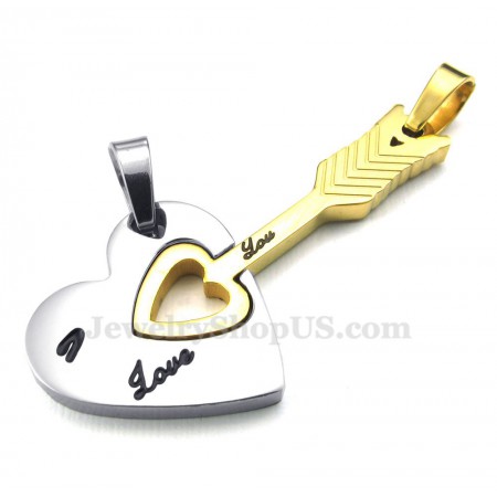 Titanium Gold Cupid Arrow Hearts Couples Pendant Necklace (Free Chain)(One Pair)