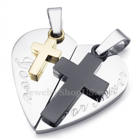 Titanium Double Cross Hearts Shaped Couples Pendant Necklace (Free Chain)(One Pair)