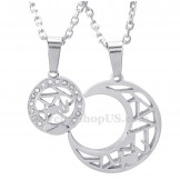 Titanium Silver Moon And Stars Couples Pendant Necklace (Free Chain)(One Pair)